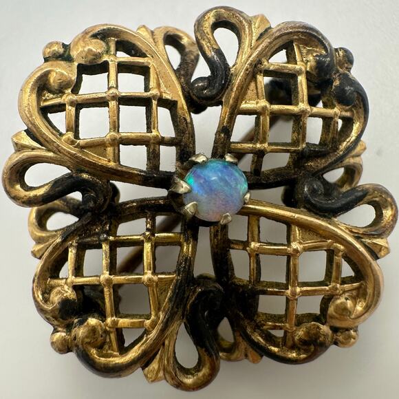 Antique Victorian 1800s gold filled 4 leaf clover genuine fire opal brooch pin - Picture 1 of 8
